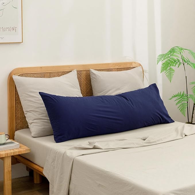 BESTOUCH 100% Washed Cotton Pillowcase for Hair and Skin Linen Feel Soft Comfortable Breathable 1 Pcs Pillow Case with Envelope Closure Solid Navy Blue Body 20x54 Inches