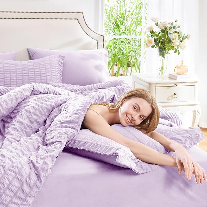 CozyLux King Size Comforter Set Light Purple Seersucker 7 Pieces Bed in a Bag King Comforter Set with Sheets, Lavender Bedding Sets with Down Alternative Comforter, Sheets, Pillowcases & Shams