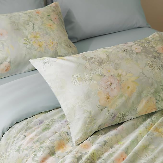VM VOUGEMARKET French Country Sage Green Duvet Cover Set Queen,Watercolor Floral Print Long Staple Cotton Bedding Set,Shabby Chic Botanical Duvet Cover for Spring & Summer