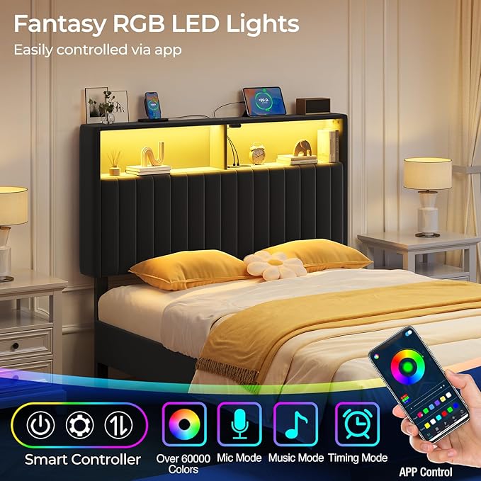 Rolanstar Headboard for Twin Size Bed with Storage, Head Board with USB & Type C Port, 60,000 DIY Color of LED Light, Velvet Upholstered, Height Adjustable, Sturdy, Easy Assembly, Black