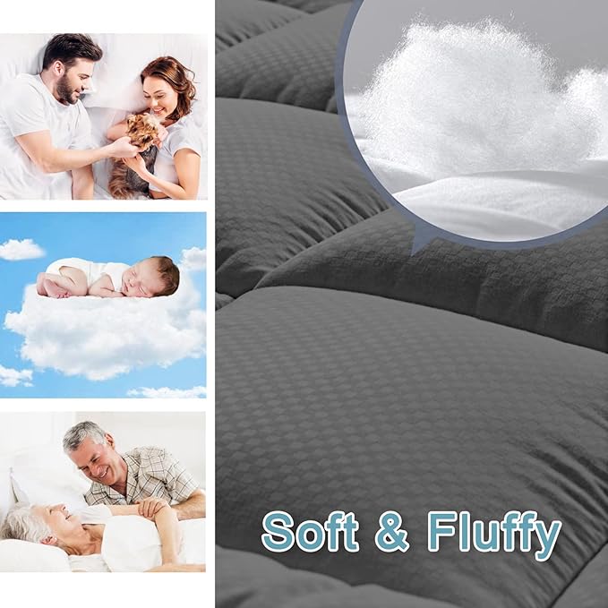 HYLEORY Twin Mattress Pad Quilted Fitted Mattress Protector Cooling Pillow Top Mattress Cover Breathable Fluffy Soft Mattress Topper with 8-21" Deep Pocket, Dark Grey