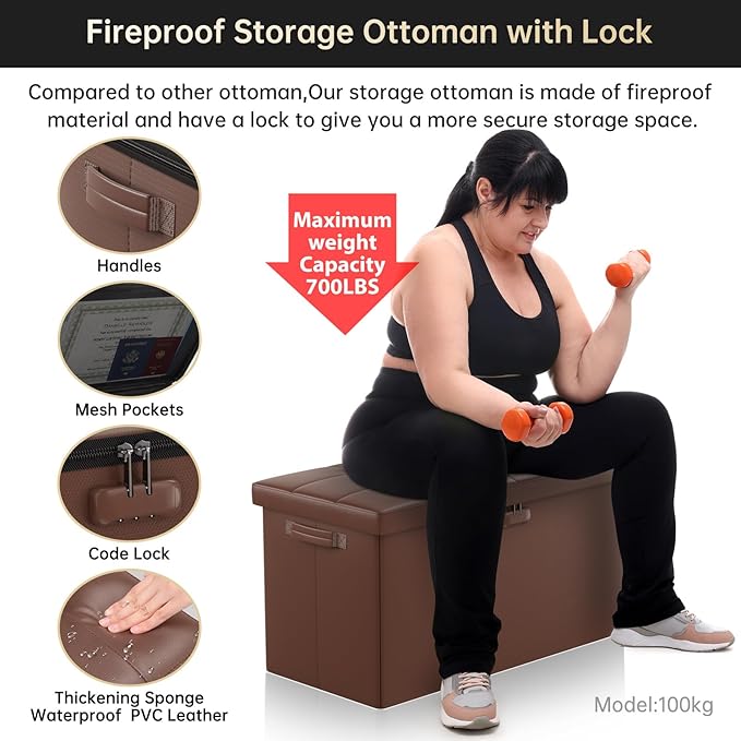 ENGPOW Storage Ottoman Bench,Fireproof Folding Bench with Lock,30 Inches Fire＆Water Resistant Storage Chest Foot Rest Stool Leather Bedroom Bench with Storage Safe for Document,Valuables, Brown