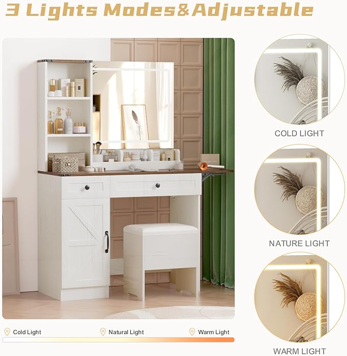 KAMABOKO Vanity Desk with Mirror, LED Lights and Power Outlet, Makeup Vanity Table with Cabinet and 2 Drawers, Dressing Table with Stools for Bedroom (Brown)