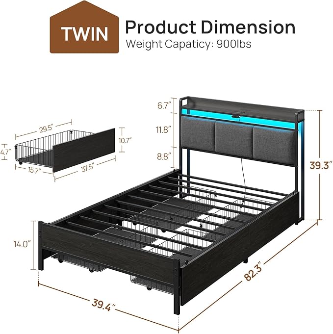 Rolanstar Bed Frame Twin Size with Charging Station and LED Lights, Upholstered Storage Headboard with Drawers, Heavy Duty Metal Slats, No Box Spring Needed, Noise Free, Easy Assembly, Dark Grey