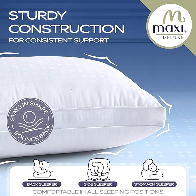 Maxi Deluxe Queen Size Bed Pillow – Ultra Soft & Comfortable – Versatile for Side, Back & Stomach Sleepers – 300TC Cotton Top – 2 Pack – (Queen Size Pillow is 20 x 30)