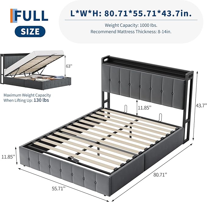 Garvee Full Size Lift Up Storage Bed, Upholstered Velvet Bed Frame with Storage Headboard, Metal Platform Bed, No Box Spring Needed, Solid Wooden Slats, Noise Free, Grey