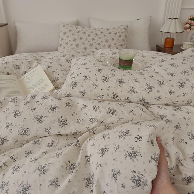 Vintage Gray Ditsy Floral Duvet Cover Set, Cream Off-White Double Layer Gauze Cotton Bedding Set, Soft Breathable Floral Bed Cover for Cottagecore French Country Bedroom Decor, Queen Size