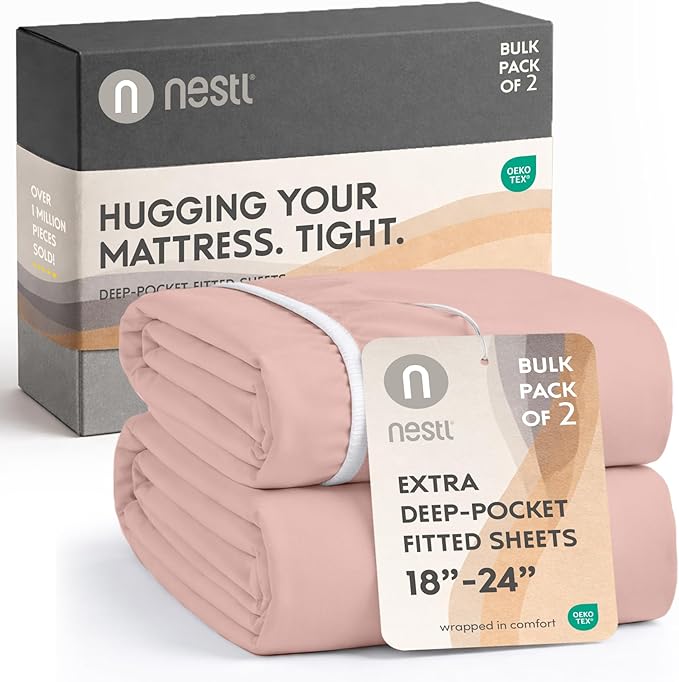 Nestl 2 Pack Beige Cream Fitted Sheet Extra Deep Pocket, Hotel Luxury QueenFitted Sheet Only Easily Fits 18 to 24 Inch Mattress, Super Soft, Wrinkle-Free and Breathable with Corner Straps