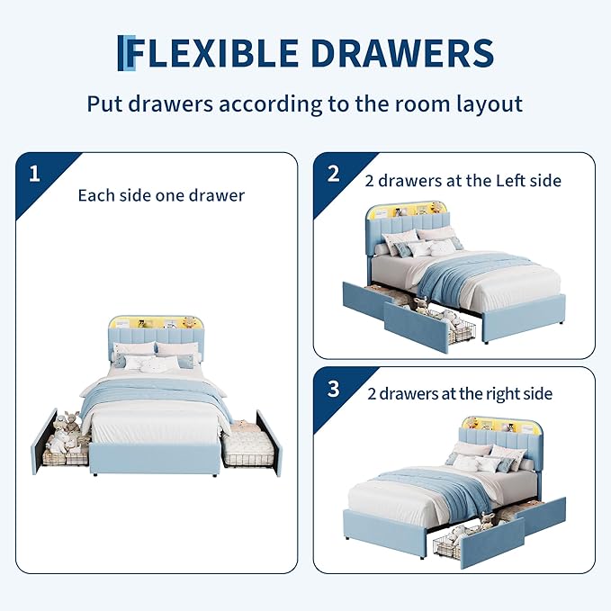 Garvee Twin Size Bed Frame with 2 Flexible Drawers, Velvet Upholstered Platform Bed Frame with Bookcase Headboard and LED Lights, Kids Bed for Boys, Easy Assembly, Noise Free, Blue