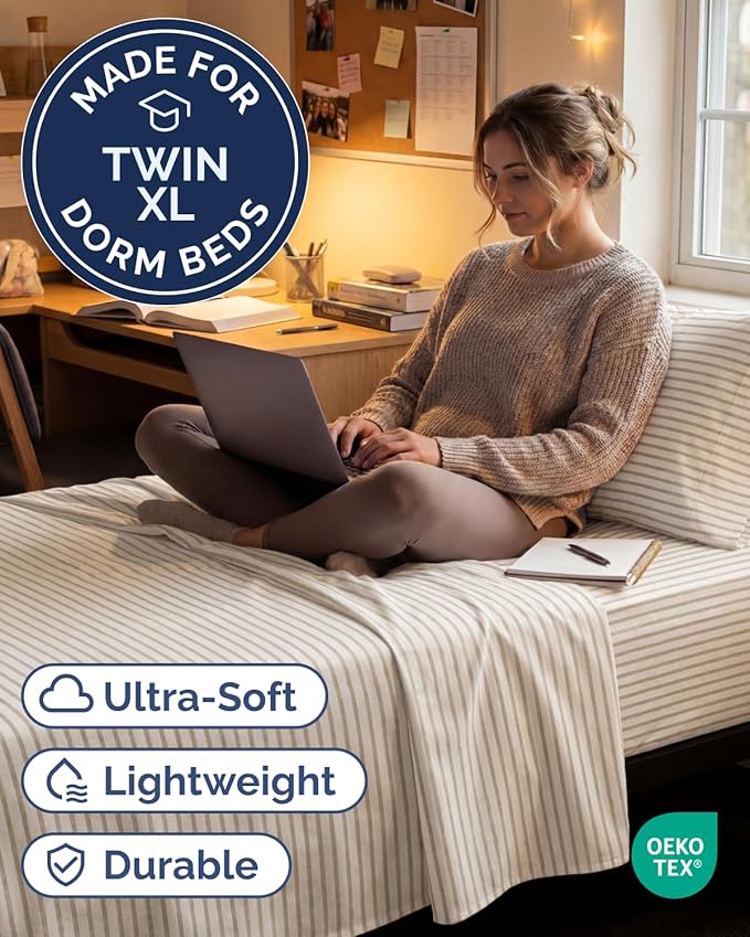 Twin XL Size 3 Piece Sheet Set - Comfy Breathable & Cooling Sheets - Hotel Luxury Bed Sheets for Women & Men - Deep Pockets, Easy-Fit, Soft & Wrinkle Free Sheets - Beige Stripes Oeko-Tex Bed Sheet Set