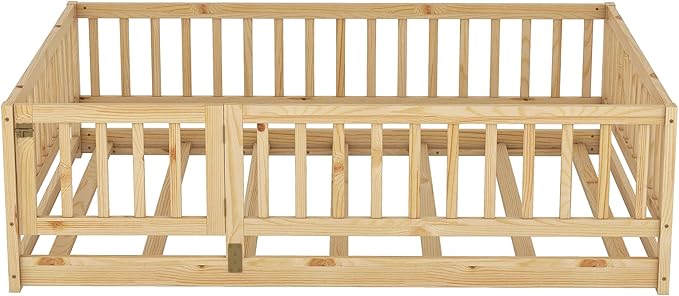 Bellemave Ful Montessori Floor Bed with 21.5" High Rails and Slats, Pine,Plywood Floor Bed with Small Door, Natural