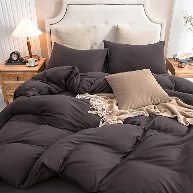 PURE ERA Jersey Knit Duvet Cover Set 100% T-Shirt Cotton Super Soft Comfy 3pc Bedding Set with Zipper Closure (Solid Dark Brown, King)