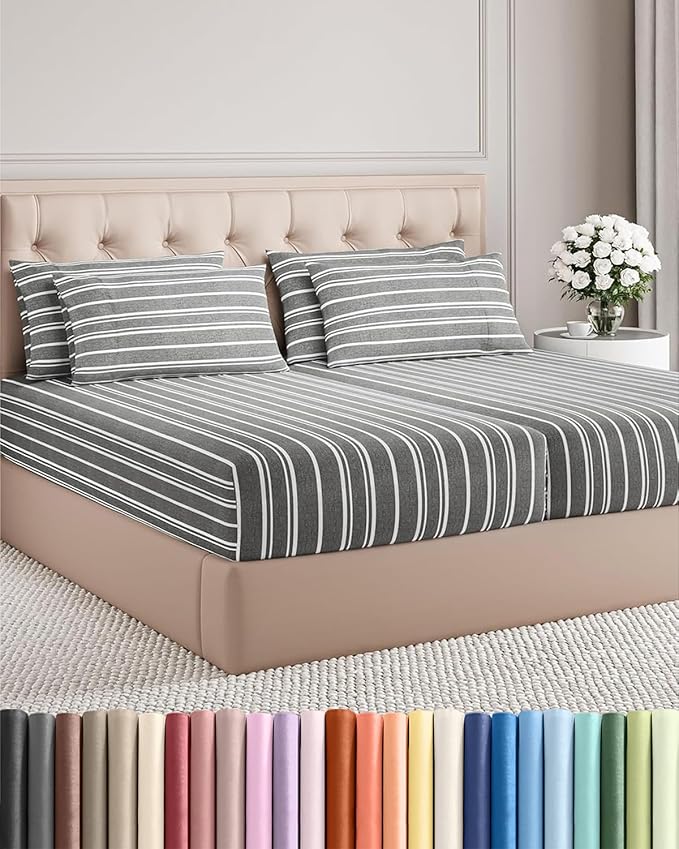 Split King 7 Piece Sheet Set - Comfy, Breathable & Cooling - Hotel Luxury Bedding for Women, Men, Kids, Teens and Children - 1 Flat & 2 Fitted Sheets & 4 Pillowcases w/ Deep Pockets - Grey Stripes 3