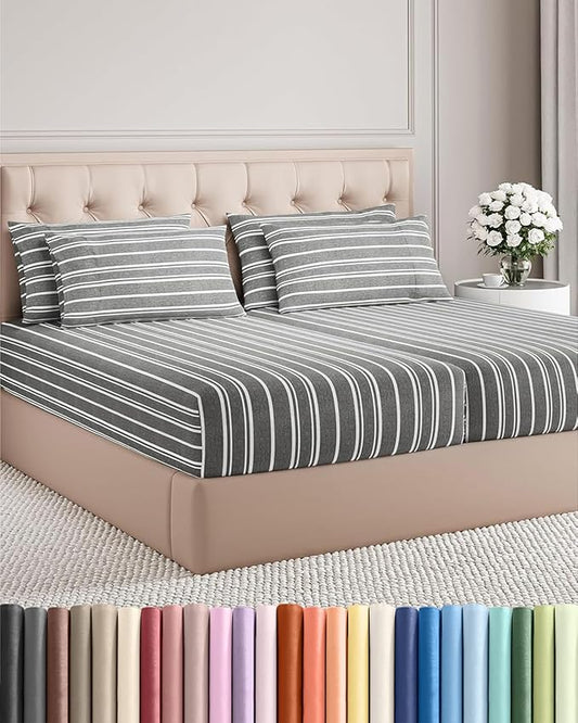 Split King 7 Piece Sheet Set - Comfy, Breathable & Cooling - Hotel Luxury Bedding for Women, Men, Kids, Teens and Children - 1 Flat & 2 Fitted Sheets & 4 Pillowcases w/ Deep Pockets - Grey Stripes 3