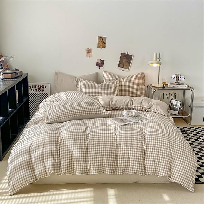 Nayoroom Gingham Duvet Cover King Size Brown Tan Plaid Checkered Comforter Cover 3 Pieces Soft Lightweight Washed Microfiber Farmhouse Grid Dorm Bedding Set with Pillowcases