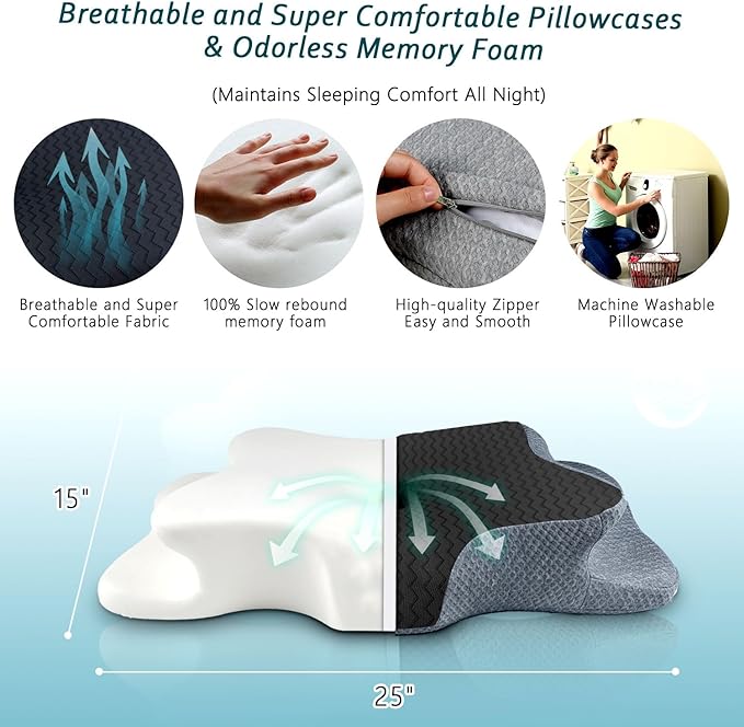 CHxxy Cervical Pillow for Neck Pain Relief, Memory Foam Pillows, Ergonomic Contour Bed Pillow, Soft for Side Sleep Stomach Sleeping and Back Sleepers-Queen Size Black&Dark Grey