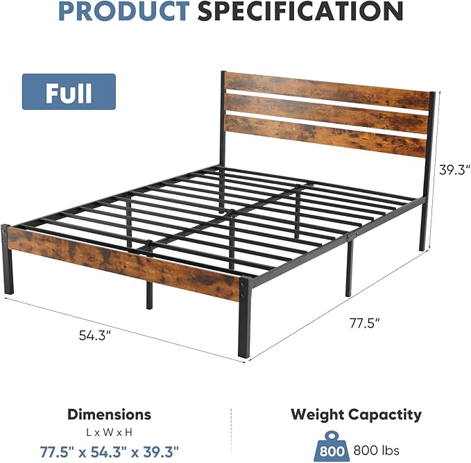 OLIXIS Full Size Bed Frame with Headboard, 800LBS Mattress Foundation with All Sturdy Metal Support, Under Bed Storage, No Box Spring Needed, Easy Assembly, Rust Brown