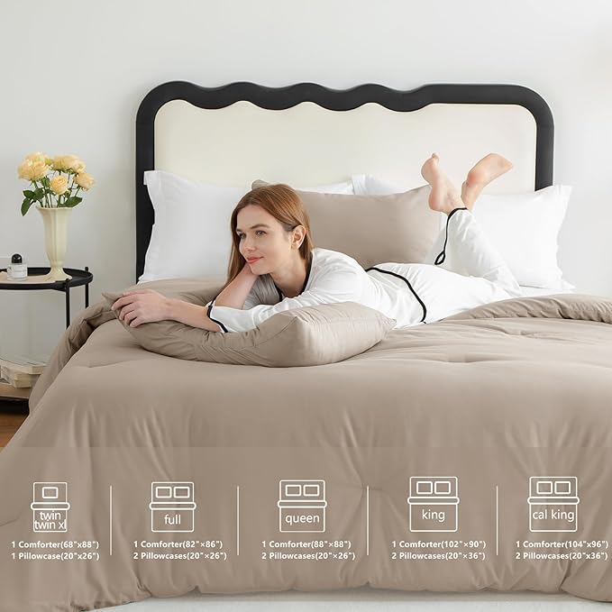 CozyLux Queen Comforter Set Khaki, 3 Pieces Solid Comforters Queen Size Breathable Quilted Bedding Sets, Luxury Soft Lightweight Bed Set with Down Alternative Comforter and 2 Pillowcases All Seasons