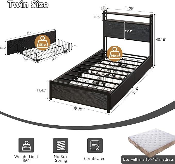 VINGLI LED Twin Bed Frame with 4 Storage Drawers and Adjustable Headboard Shelf, Metal Platform Panel Bed with Charging Station for Kids Teens, Adults, No Box Spring Needed, Black