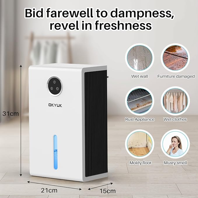 OKYUK Dehumidifier, 95 oz dehumidifiers for home,1000 sq. ft Dehumidifiers for Bedroom with 7 Colors LED Light, Ultra Quiet & Auto Shut off dehumidifiers for basements Ideal for RV, Bathroom, Bedroom