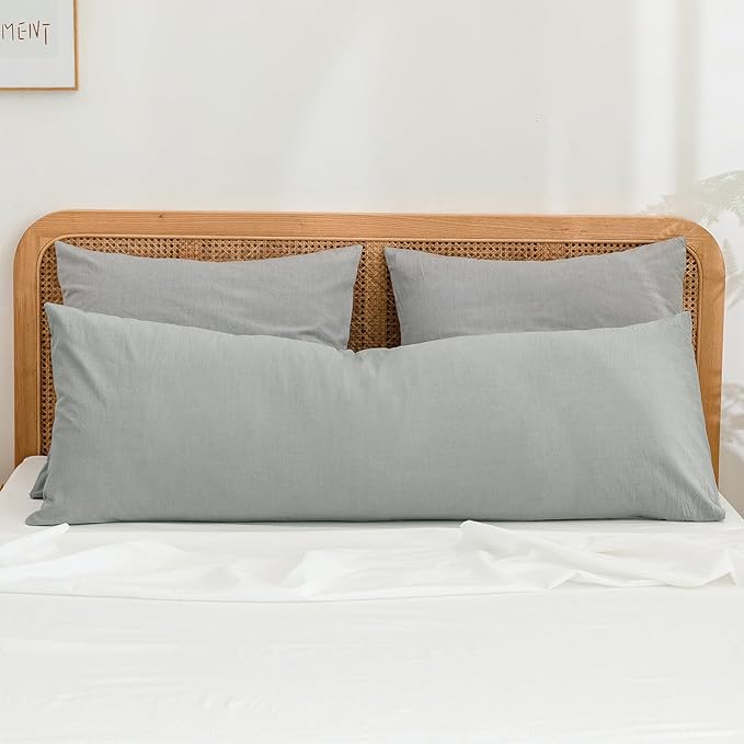 BESTOUCH 100% Washed Cotton Pillowcase for Hair and Skin Linen Feel Soft Comfortable Breathable 1 Pcs Pillow Case with Envelope Closure Solid Northern Droplet Grey Body 20x54 Inches