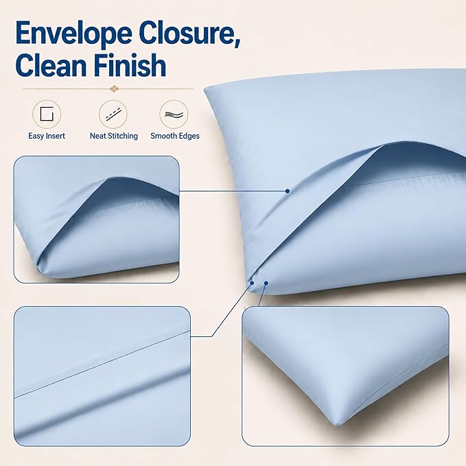 ZPECC Pillow Cases Standard Size Set of 4, 20x26 Envelope Closure Pillowcases, Soft Plain Brushed Microfiber Covers Hypoallergenic Breathable, Light Blue