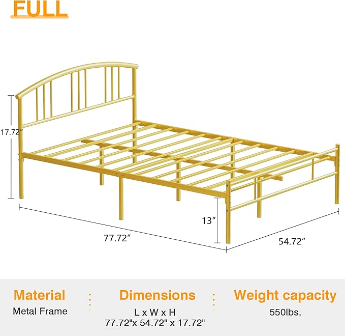 VECELO 14 inch Full Bed Frame Gold Beds Metal Platform Mattress Foundation with headboard Footboard Steel Slat Support/No Box Spring Needed/Easy Assembly