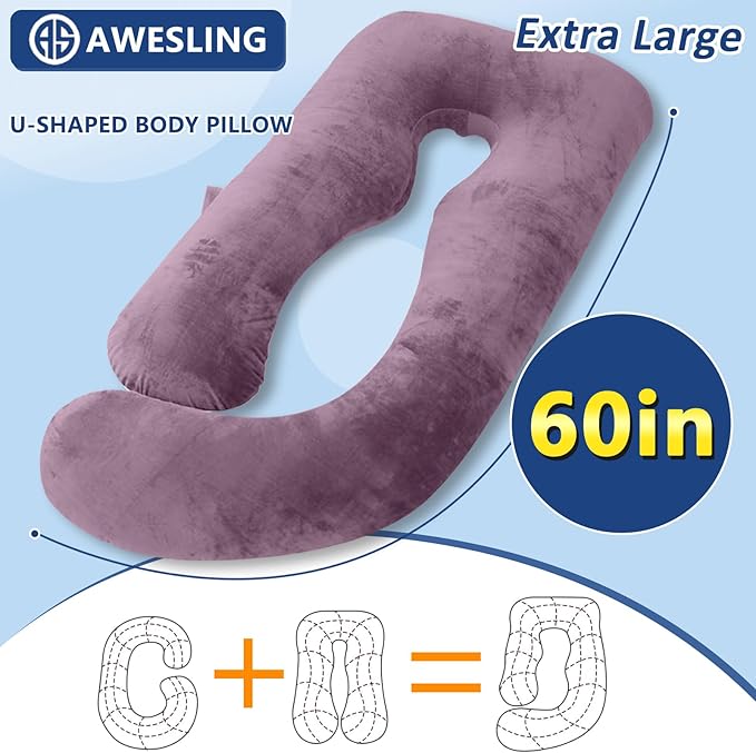 Shredded Memory Foam Body Pillow, Pregnancy Pillows for Sleeping, Maternity Pillow for Pregnant Women, Memory Foam Filling U Shaped Body Pillow with Velvet Cover (Dark Purple, 60 inch)