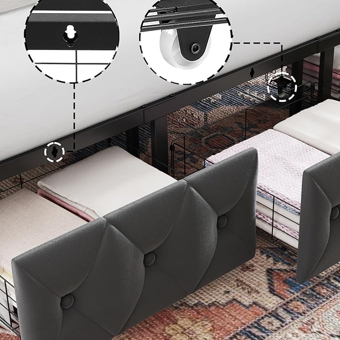 Keyluv Queen Upholstered Canopy Bed Frame with 2 Storage Drawers & Button Tufted Headboard, Metal Platform Bed with 4 Removable Posts, Two-Purpose Velvet Bed, Dark Grey/Curtain Not Included