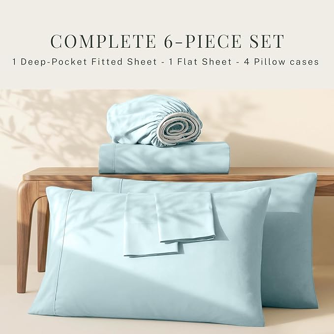 Hearth & Harbor Extra Deep Pocket Queen Sheets Sets - Fits Mattress 18-24 Inches Deep - Extra Deep Pocket Sheets - 6 Piece Queen Size - Aqua Blue