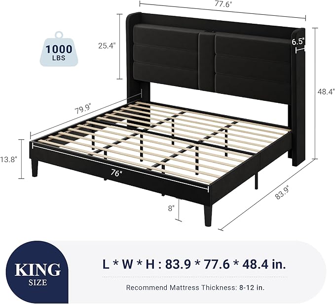 Allewie King Size Platform Bed Frame with Charging Station & Storage Headboard, Upholstered Velvet Wingback Design & USB Port, Strong Wooden Slats Support, No Box Spring Needed, Easy Assembly, Black