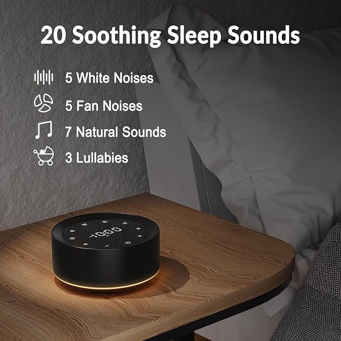 White Noise Machine with Alarm Clock & Night Light for Babies and Adults, 20 Soothing Sounds, Glare-Free Upward Display, Touch Control, Memory Function, 5 Sleep Timers, Black