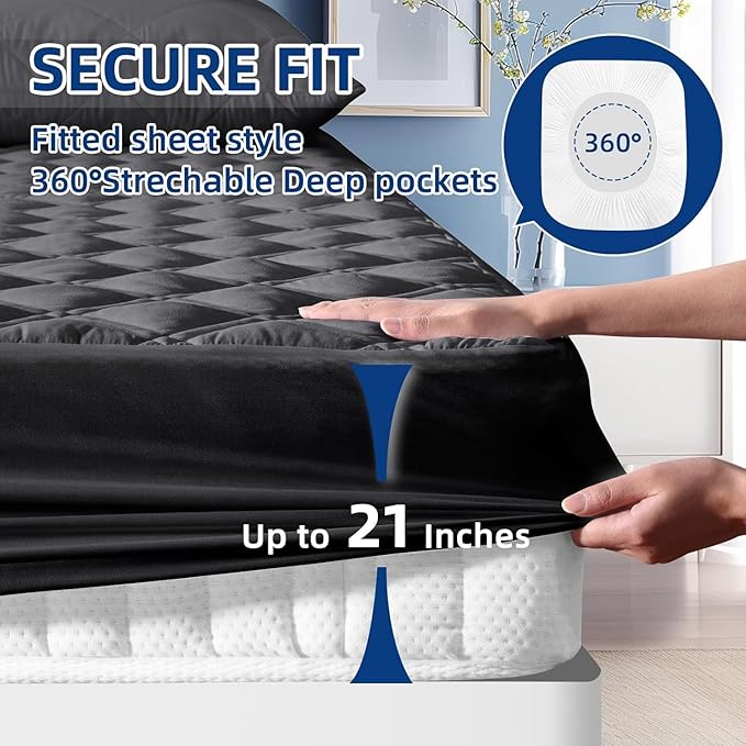 MEELUS Waterproof Full Mattress Protector, Breathable Full Mattress Pad Cover Fitted Deep Pocket 8"-21", Soft Noiseless Mattress Cover Washable Padded for Home Bedroom, Black