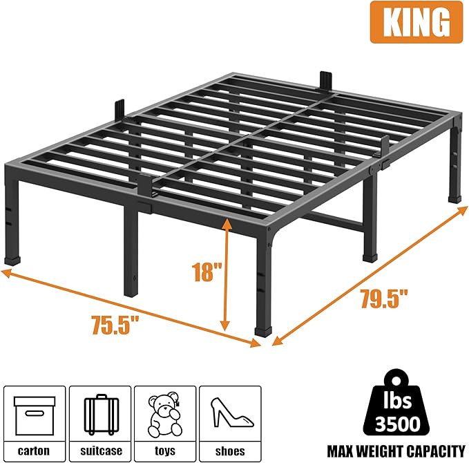 FUIOBYVV King Bed Frames, 18 Inch Heavy Duty Metal Platform Bed Frame Twin Size Support Up to 3500 lbs, No Box Spring Needed/No Shaking/Steel Slat Support/Noise Free/Easy Assembly