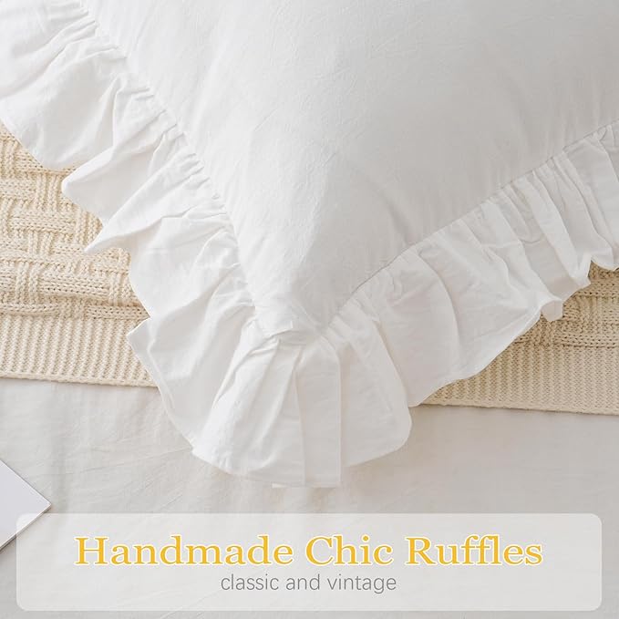 2 Pack Ruffle Throw Pillow Covers Farmhouse Off White Shabby Washed Cotton Decorative Pillow Shams for Bed, Sofa, Living Room-20"x20" White