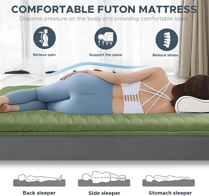 Japanese Floor Mattress, 100% High Density Comfortable Foam, 4" Thicken Foldable Mattress Tatami Mat Sleeping Pad, Ideal for Comfort and Support, Kids Floor Lounger Pillow Bed Sofa, Green, Full