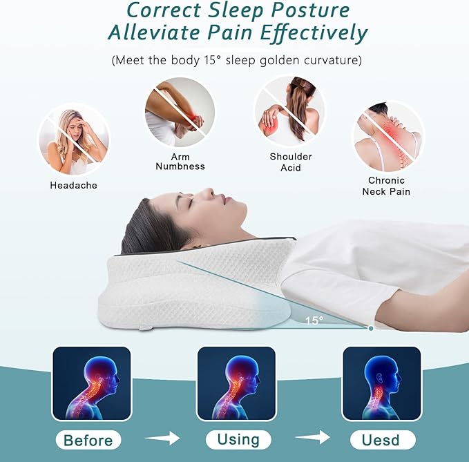 CHxxy Cervical Neck Pillow for Pain Relief Sleeping, Memory Foam Pillows, Ergonomic Side Sleeper Pillows, Cooling Orthopedic Neck Support Pillow for Back Stomach Sleepers-Queen Size Grey&White