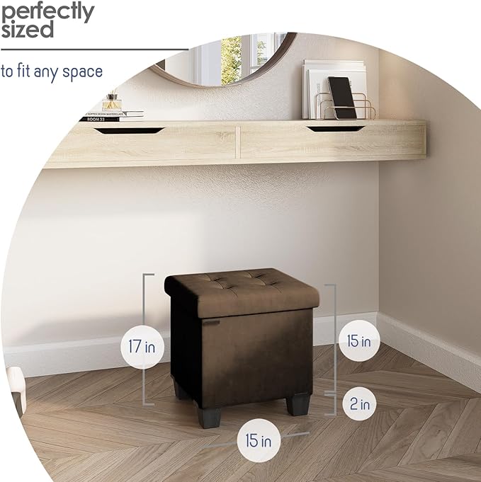 Storage Ottoman Cube with Small Bin, 15-in Square Ottoman with Storage for Living Room and Bedroom, Small Ottomans Foot Rest, Velvet Foot Stools Ottomans Max 330lbs, Brown