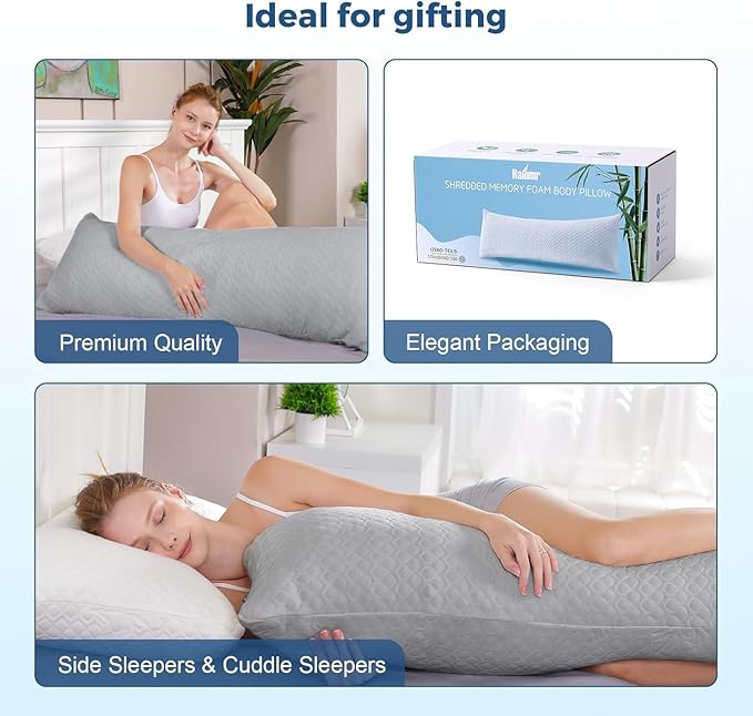 Rainmr Thick Memory Foam Body Pillow - Full Body Pillows for Side Sleeper - with Grey Cooling Pillowcase 20 x 54 inches
