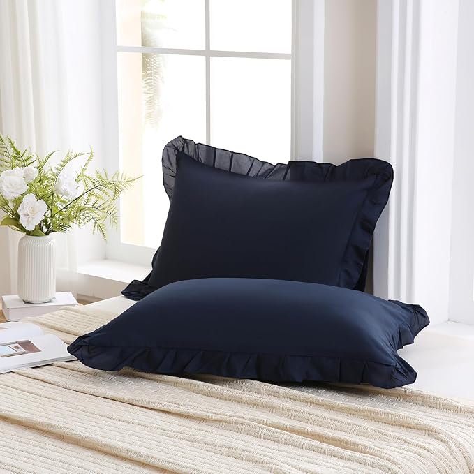 Merryword Navy Pillowcases King Size Ruffled Pillow Shams Set of 2 Cute Pillowcases Navy Blue Shabby Chic Pillow Cover 2 Pack