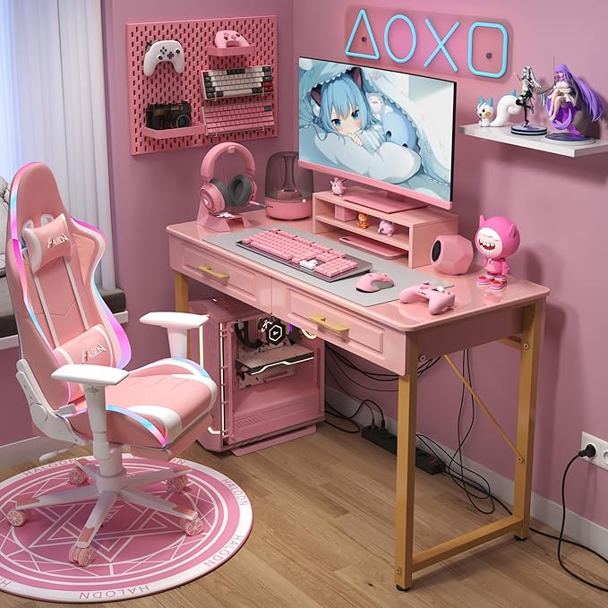 WESTREE Vanity Desk with 2 Drawers and Storage Shelf, Modern Makeup Table with Glossy Desktop, Gold Metal Frame Writing Desk for Bedroom or Home Office, No Mirror