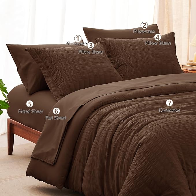 CozyLux California King Comforter Set with Sheets 7 Pieces, Brown Seersucker Bed in a Bag Cal King Luxury Soft Bedding Sets with Down Alternative Comforter, Sheets, Pillowcases & Shams for All Seasons