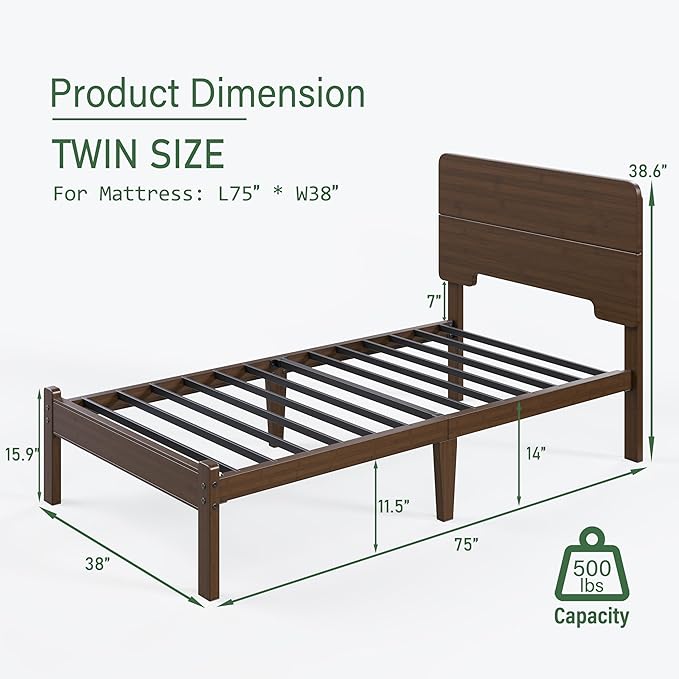 BOSRII 14in High Solid Bamboo Wood Platform Twin Size Bed Frame with Headboard, Reinforced Heavy Duty Metal Slats, Noise Free, No Box Spring Needed, Easy Assembly, Walnut