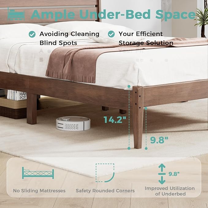 King Bed Frame and Ladder Headboard, Solid Wood Bed Frame with Storage, Malaysian Oak Platform Beds with Wooden Slats, No Box Spring Needed, Easy Assembly, King Size, Antique Espresso