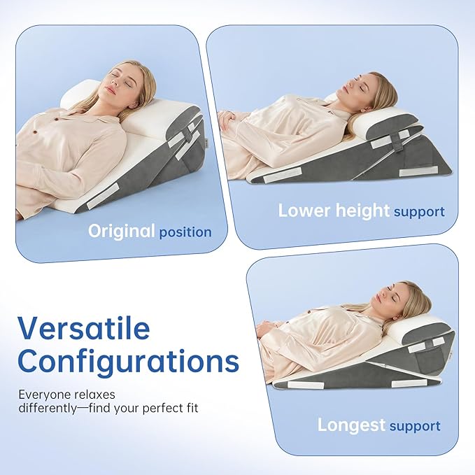 Vekkia 7-in-1 Adjustable Wedge Pillow Set for After Surgery – 2PCS Extra-Wide Bed Wedge Pillow for Adults, Ergonomic Headrest, Washable Cover for Acid Reflux, Back Pain, Sleeping, Snoring, White/Grey