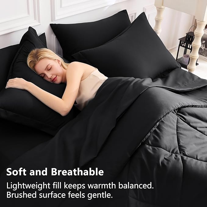 CozyLux Twin XL Comforter Set Black - 5 Pieces Twin Extra Long Bed in a Bag for College Dorm, All Season Bedding Set for Girls and Boys, Soft Bed Set with Comforter, Sheets, Pillowcase & Sham