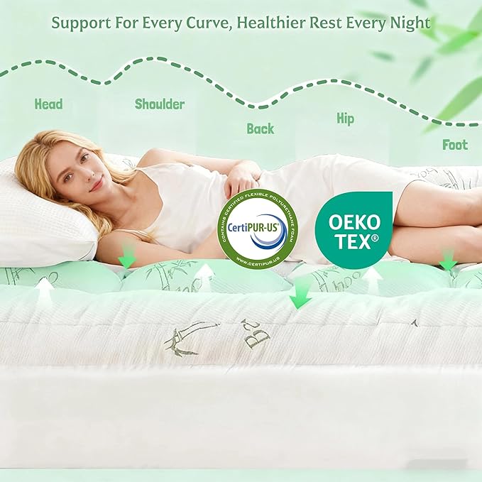 Bamboo Mattress Topper Full Size with Deep Pocket 1700 GSM Fill Cooling Shredded Memory Foam Mattress Pad Rayon Derived from Bamboo, Ideal for Side Sleepers, Back Pain, Hot Sleepers