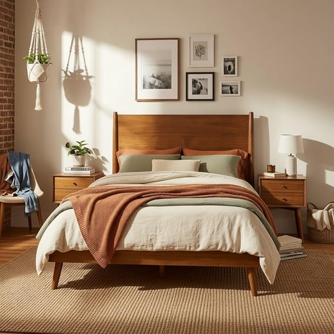 Merax Full Size Solid Wood Platform Bed, Mid-Century Modern Bed Frame with Splayed Legs, 600 lbs Weight Capacity, No Box Spring Needed, Brown