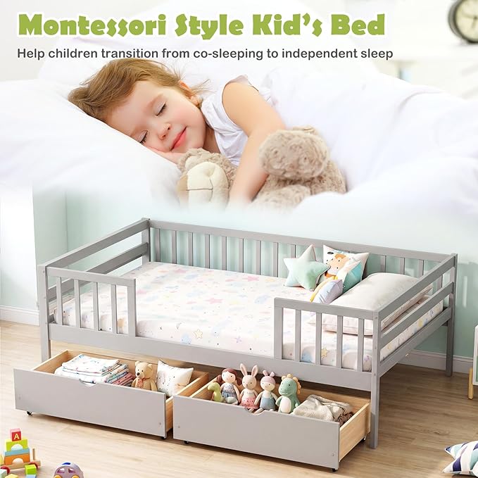 Giantex Full Kids Bed with Storage Drawers, Wood Montessori Bed with Rails & Side Shelf, Low Daybed Bed Frame for Boys Girls, No Box Spring Needed (Grey)