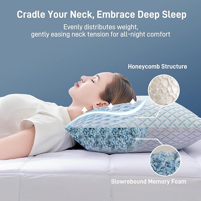 Alkyonos Shredded Memory Foam Cooling Medium Soft Bamboo Viscose Pillows Queen Size Set of 2, Adjustable Hypoallergenic Hotel Quality Pillows for Back, Stomach and Side Sleeper, Oeko-TEX Certified